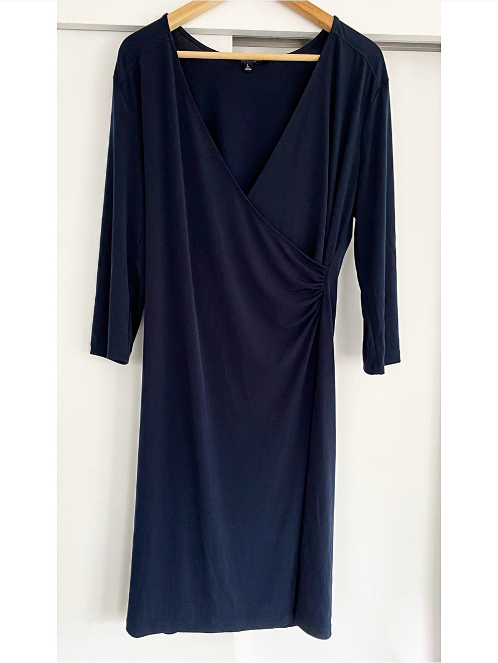 Jones New York Signature Navy Faux Wrap Career Midi Dress 3/4 Sleeve Stretch L